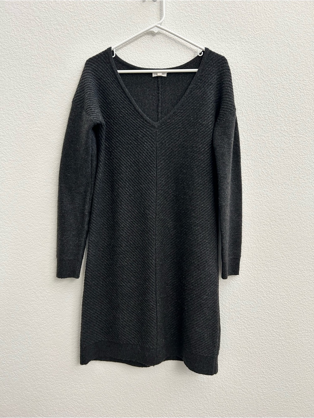 Gray Ribbed V-Neck Knit Sweater Dress Merino Wool - Garnet Hill